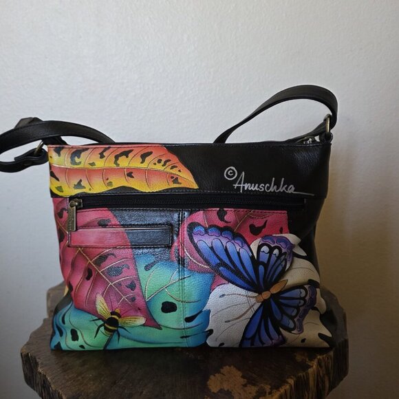 Anna by Anuschka Hand Painted Leather Crossbody Bag Butterfly Dragonfly New - Picture 3 of 16